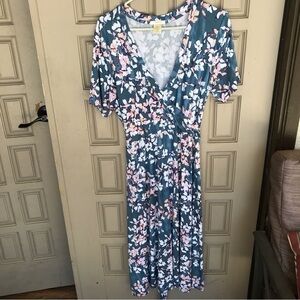 Maddy M Surplice Dress Floral Multicolor Rayon/Spandex SzXL Short Sleeves Tie